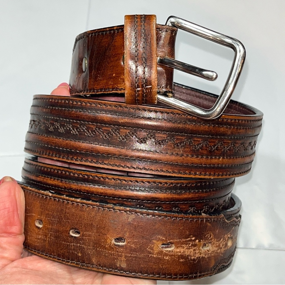 LEEGIN Vtg Men’s BIG TALL Brown Leather BELT 1.5” Wide REMOVABLE BUCKLE, 46-51” - Picture 9 of 16